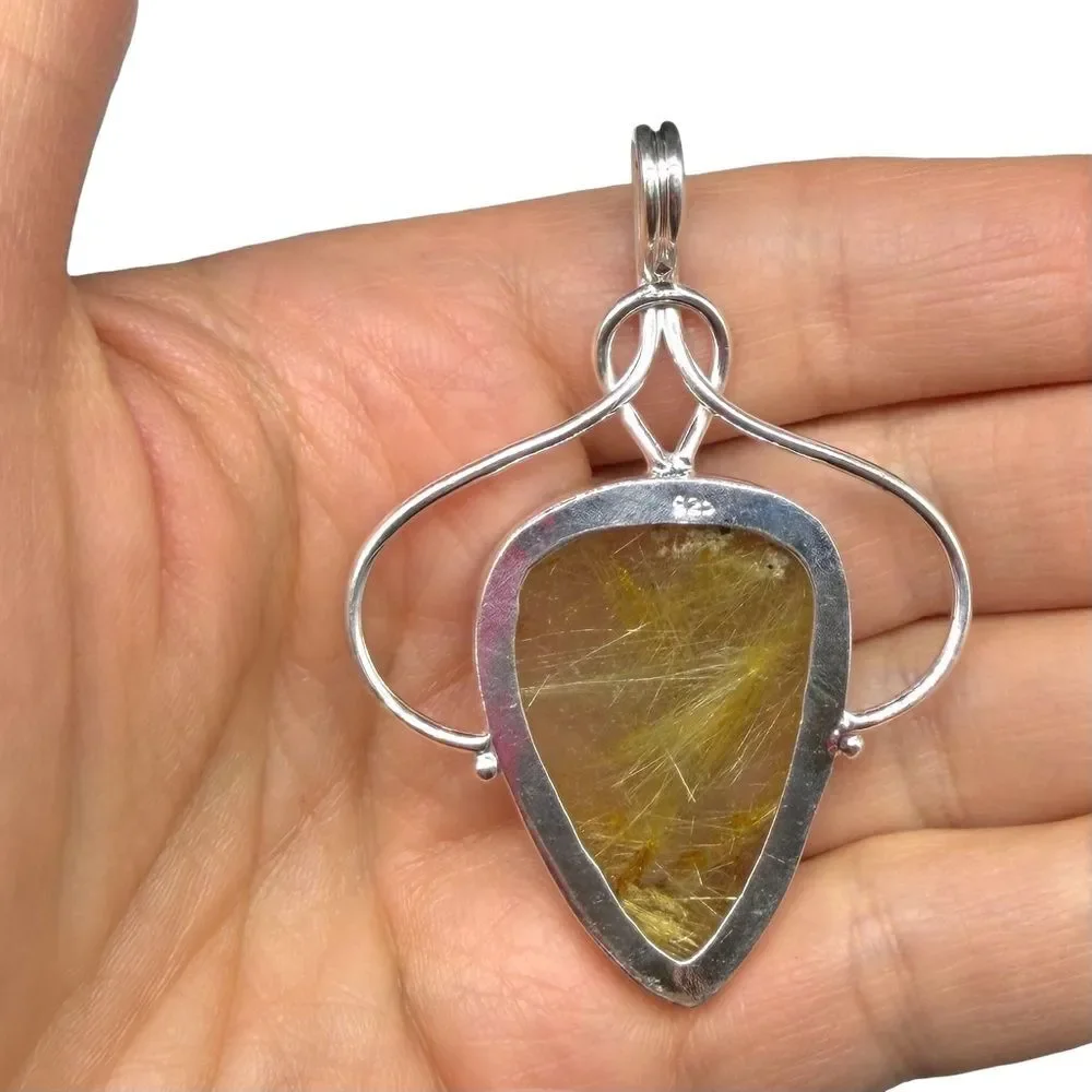 Golden Rutilated Quartz Necklace Pendant Solid 925 Sterling Silver Gold Rutile